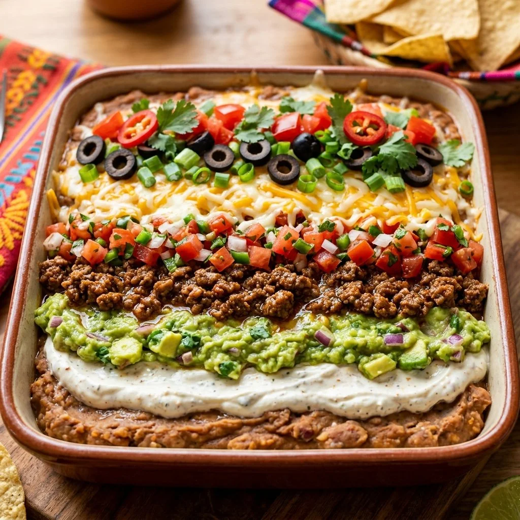 A delicious layered taco dip with vibrant ingredients served in a glass dish.