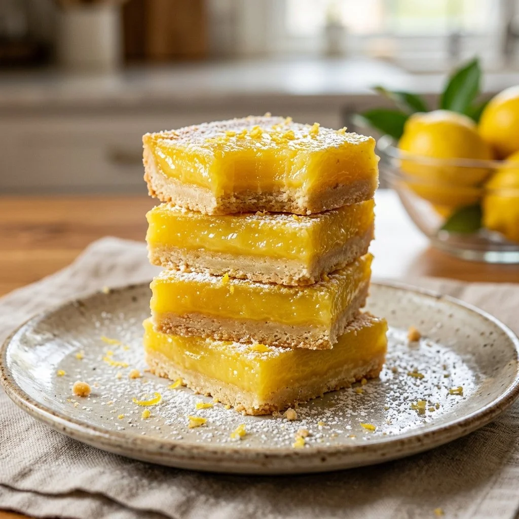 Freshly baked lemon bars topped with powdered sugar on a rustic wooden table