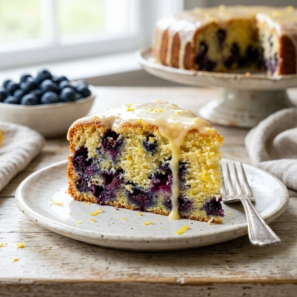 Fresh Lemon Blueberry Cake with frosting and blueberries on a plate