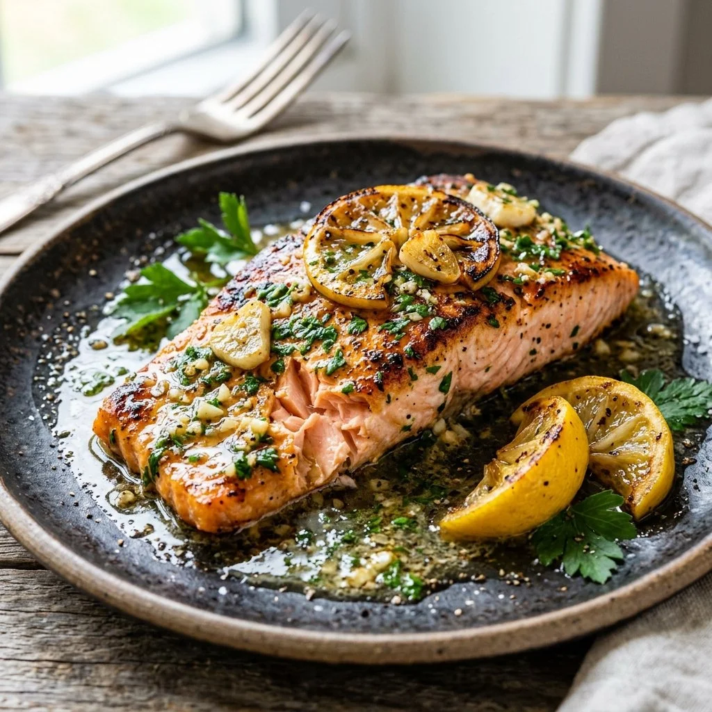 Delicious Lemon Garlic Butter Salmon dish with herbs and lemon garnish