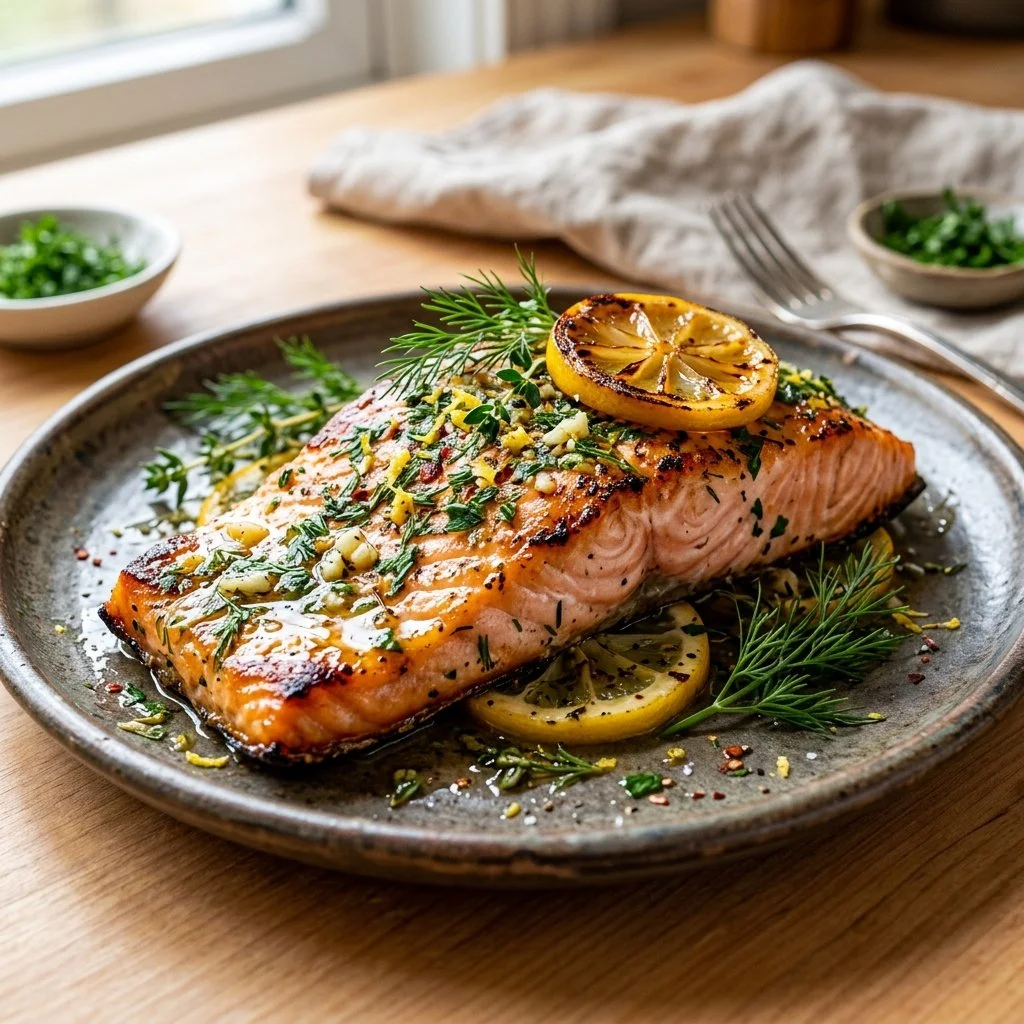 Delicious lemon herb salmon garnished with fresh herbs and lemon slices