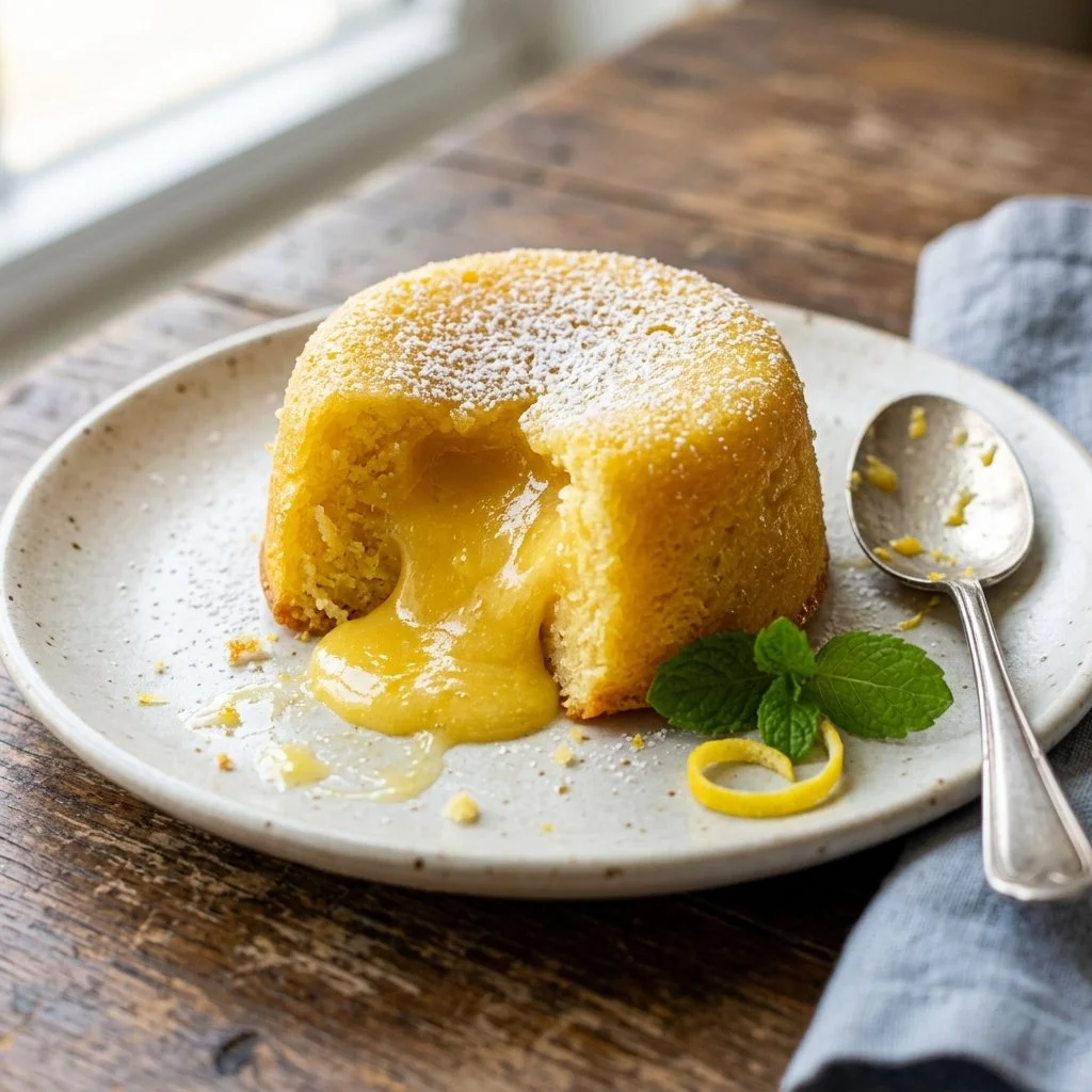 Decadent Lemon Lava Cake with a gooey lemon center