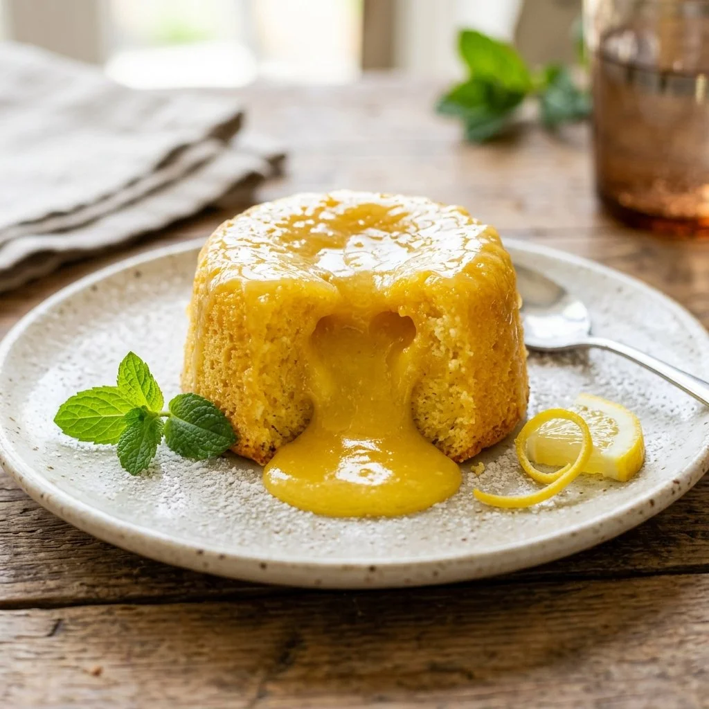 Delicious Lemon Lava Cake with a gooey lemon center served on a plate.