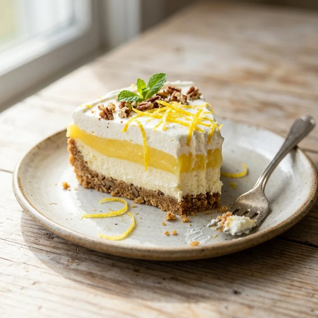 Delicious Lemon Lush dessert with layers of lemon filling and whipped cream