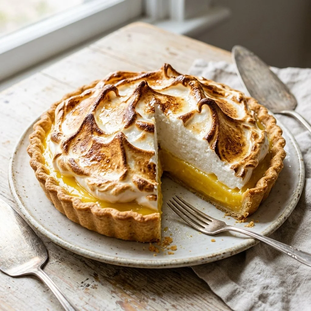 Slice of homemade Lemon Meringue Pie with golden meringue topping and lemon filling
