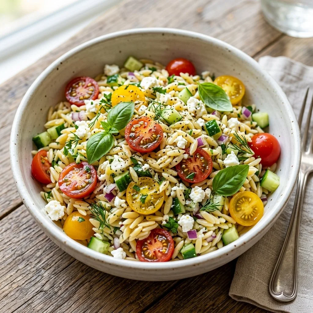 A vibrant Lemon Orzo Salad with fresh ingredients and a bright dressing, perfect for summer.