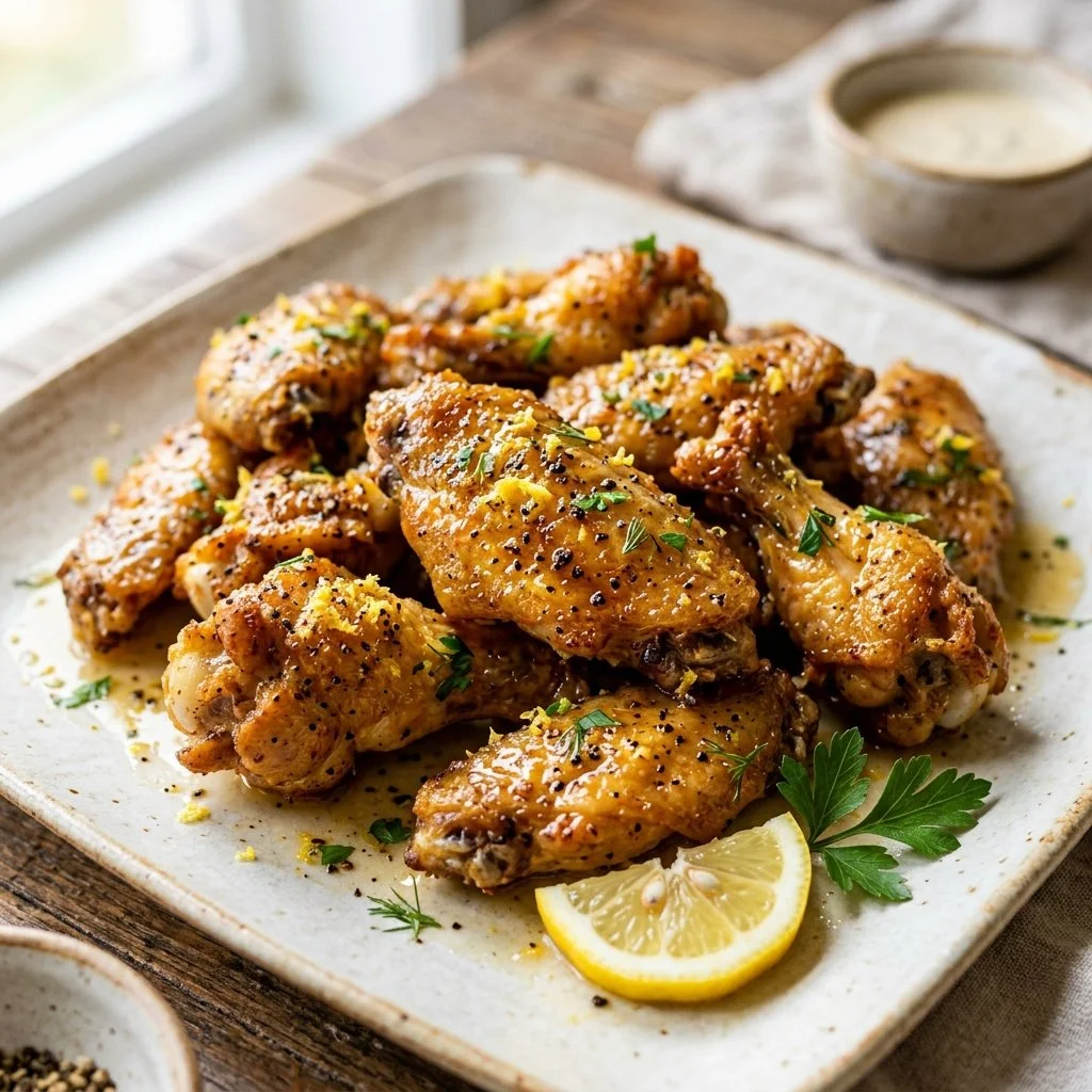 Delicious Lemon Pepper Chicken Wings garnished with lemon and pepper