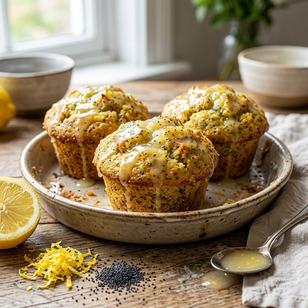 Freshly baked lemon poppy seed muffins on a plate.