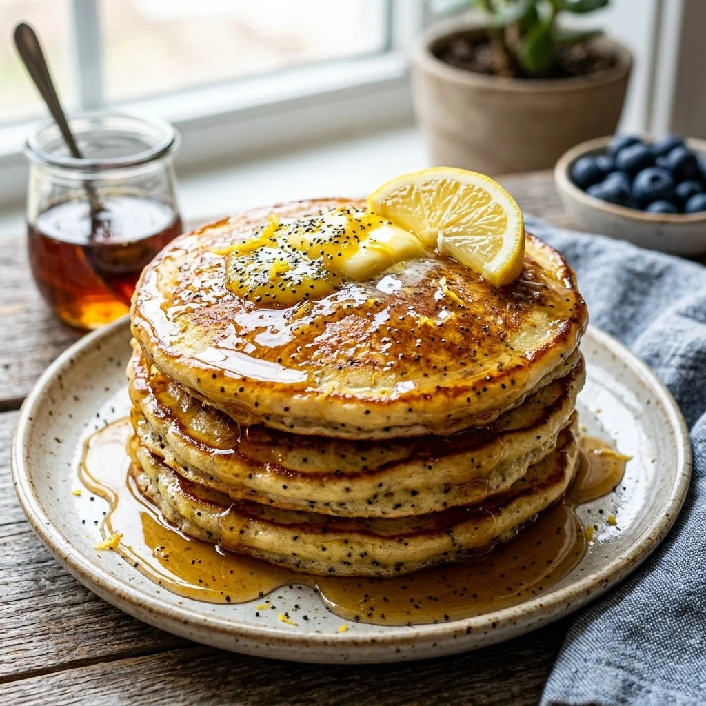 Fluffy Lemon Poppy Seed Pancakes stacked with lemon zest and poppy seeds