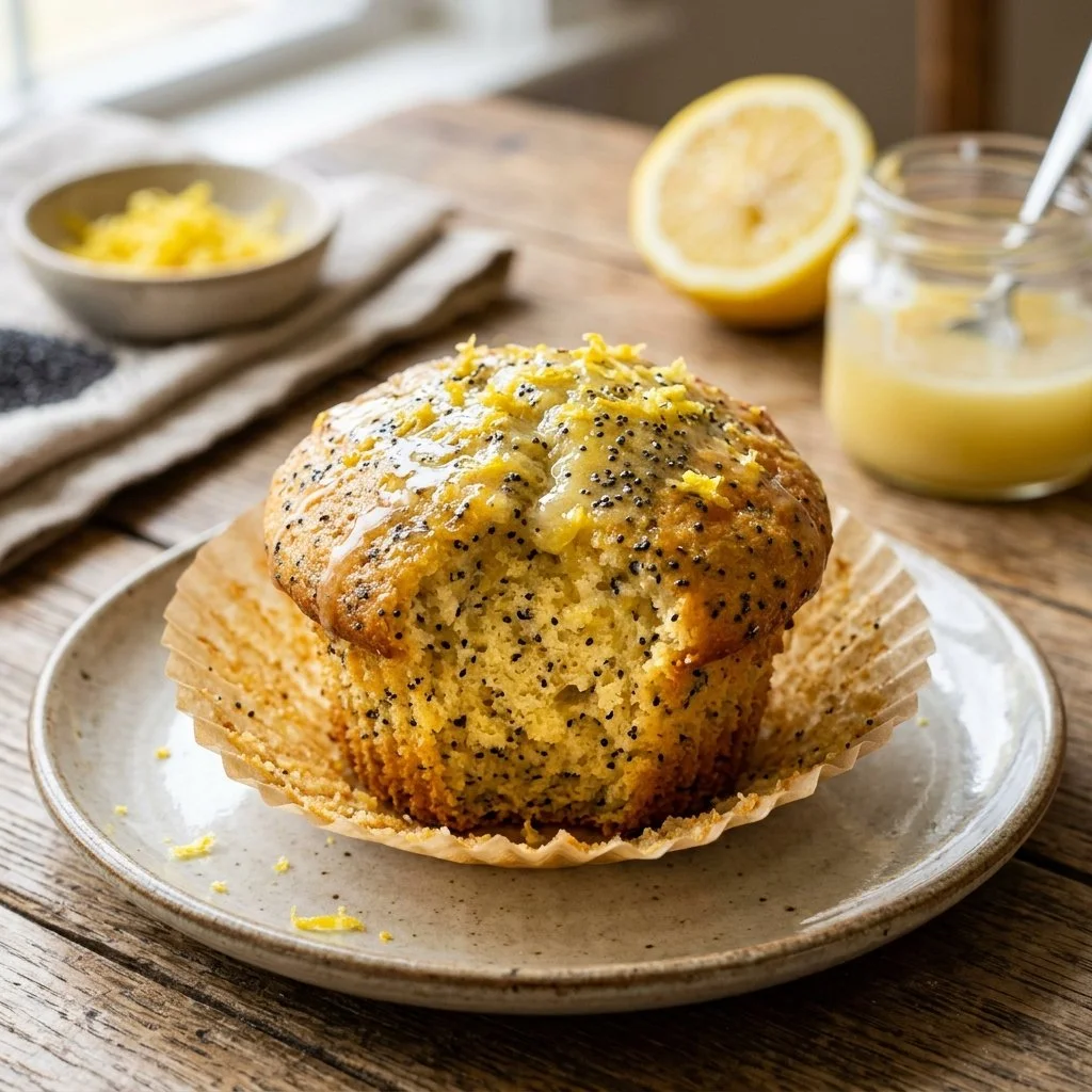 Freshly baked lemon poppyseed muffins topped with lemon glaze.