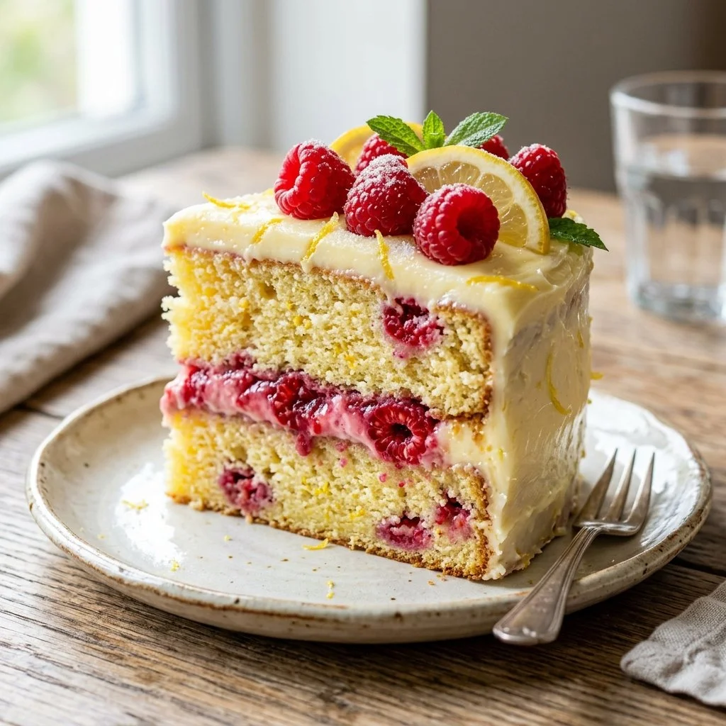 A delicious slice of Lemon Raspberry Cake topped with fresh raspberries and lemon zest.