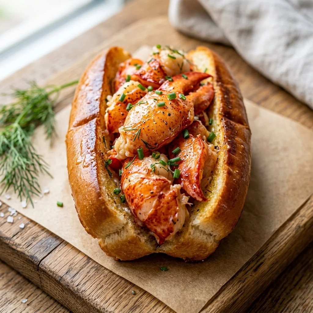 A delicious lobster roll filled with fresh lobster meat served in a buttery bun.