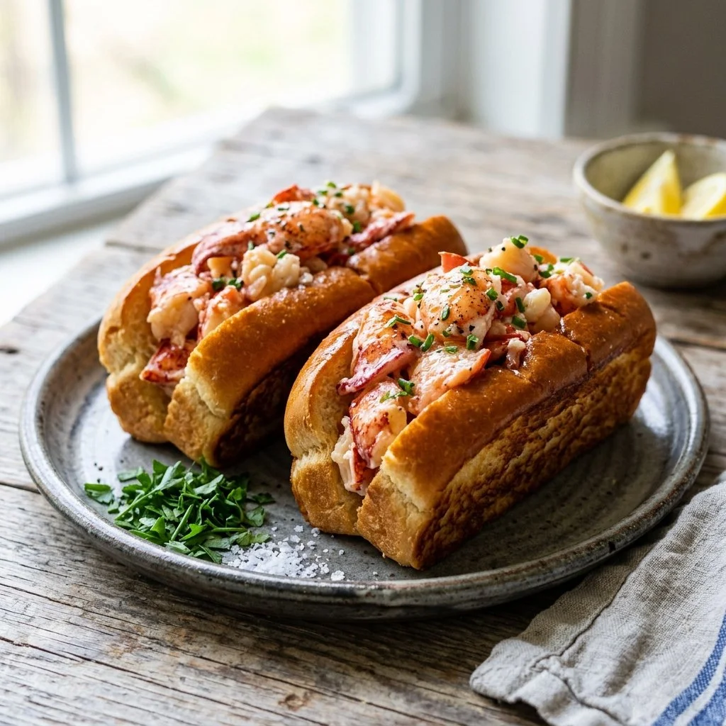 Delicious lobster rolls served with fresh ingredients on a buttery bun