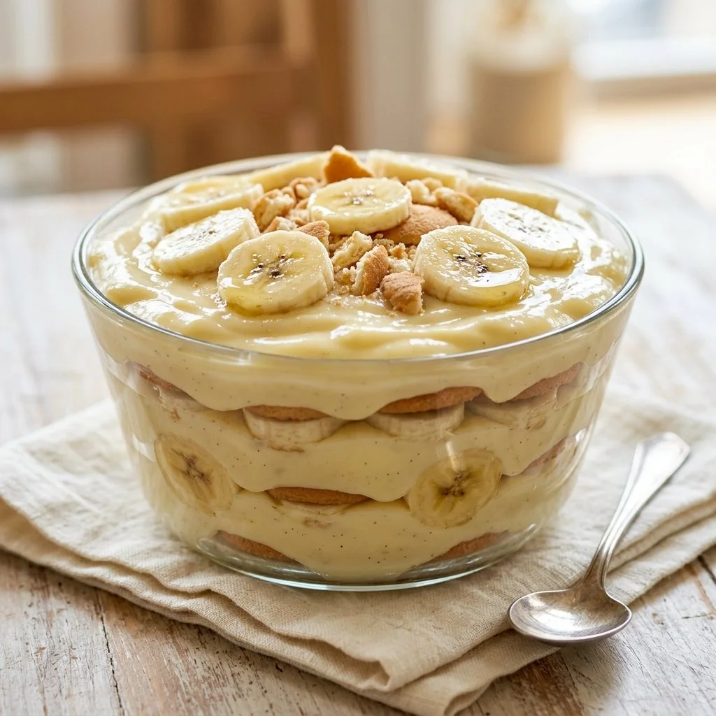 Magnolia Bakery banana pudding served in a cup with vanilla wafers and bananas