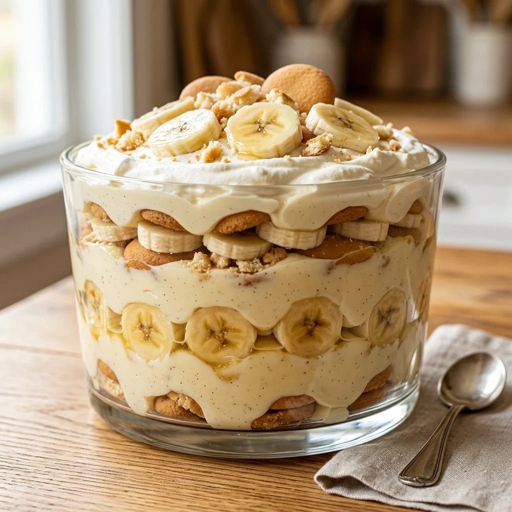 Delicious Magnolia Banana Pudding served in a clear bowl with fresh bananas.