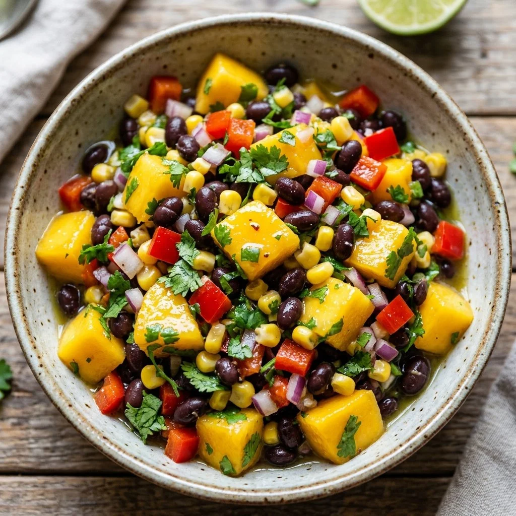 Colorful Mango Black Bean Salad with lime dressing and fresh ingredients.