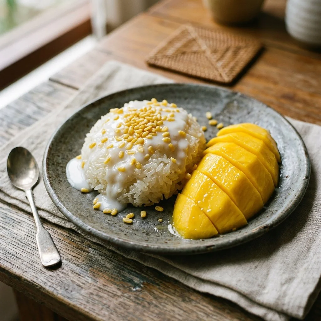 Plate of Mango Sticky Rice topped with fresh mango slices and coconut sauce