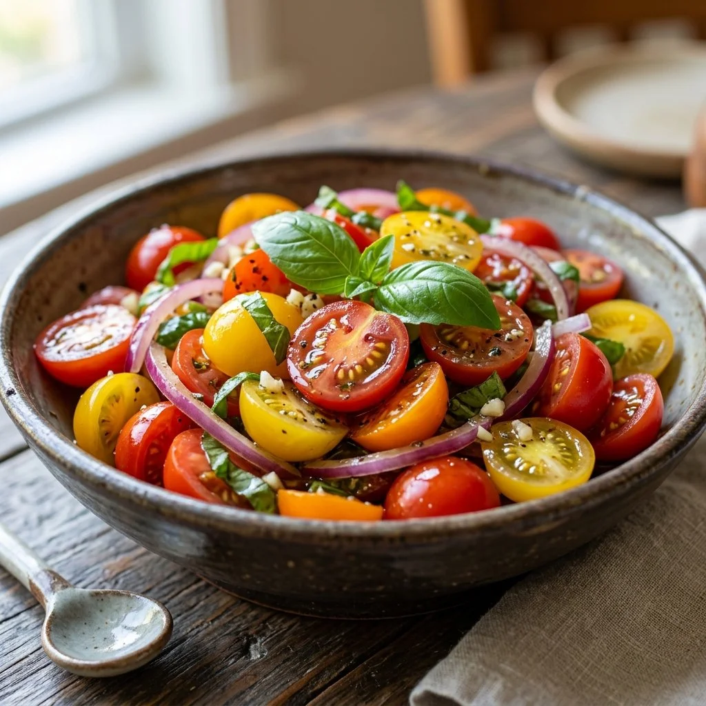Delicious marinated tomato salad served in a bowl