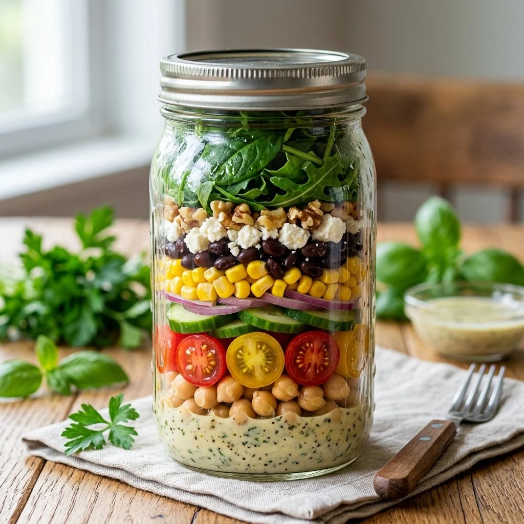 Colorful Mason Jar Salad layers showcasing fresh ingredients and meal prep ideas.