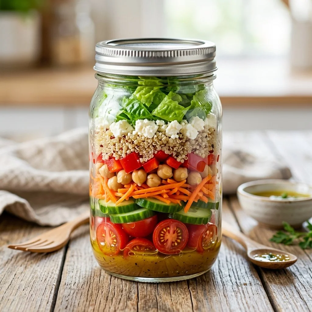 Colorful Mason Jar Salads stacked with fresh ingredients ready for meal prep.