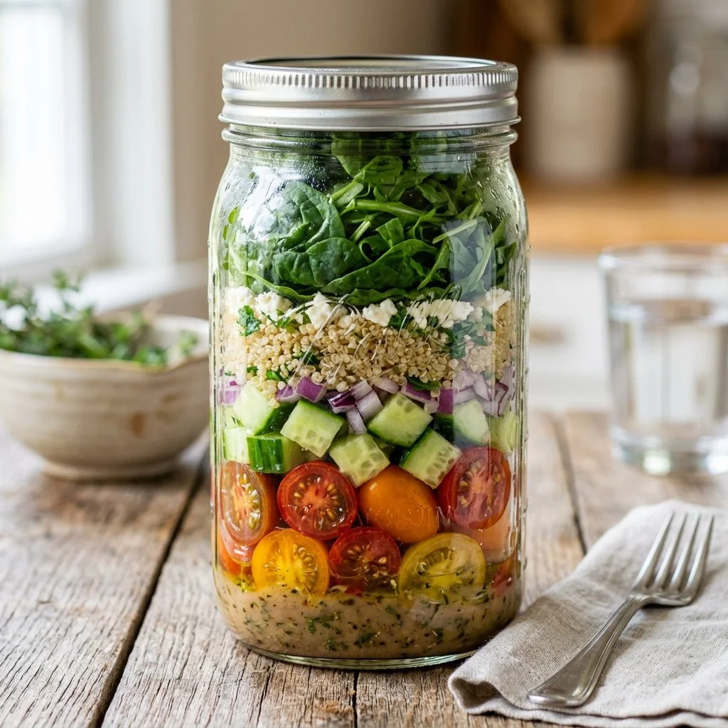 Colorful Mason Jar Salads with fresh ingredients layered for a healthy meal
