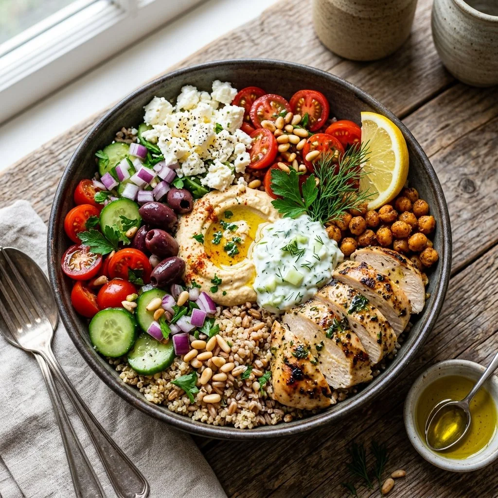 Colorful Mediterranean grain bowls with vegetables and grains