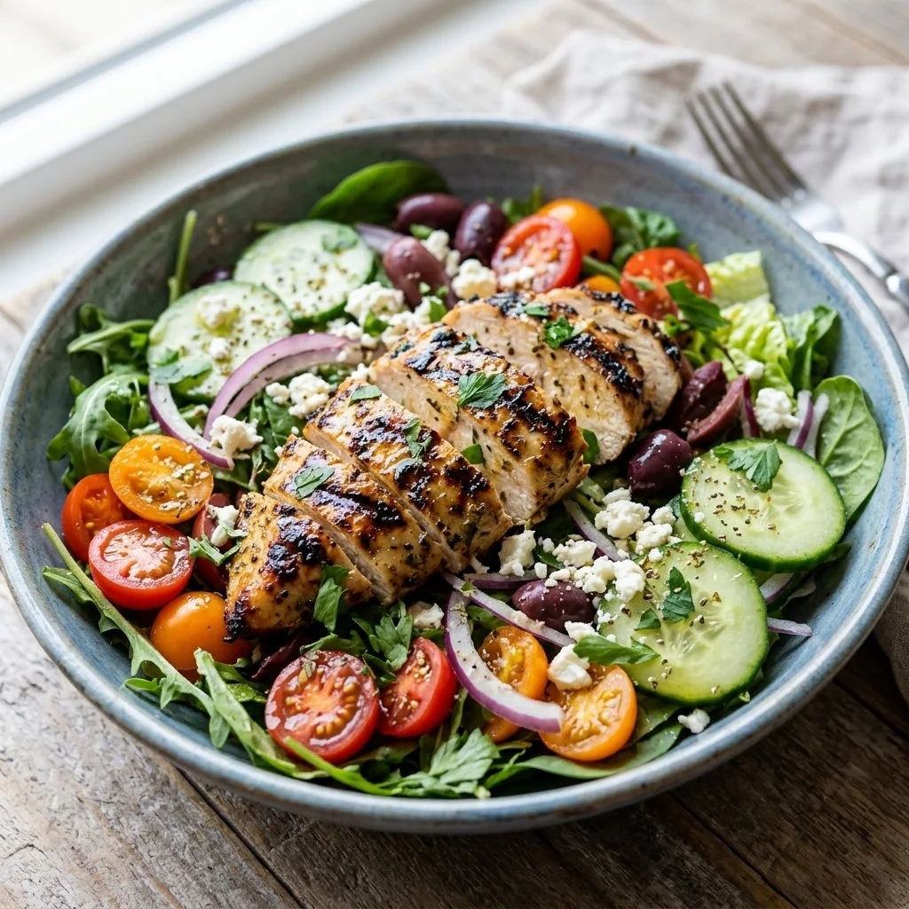 Mediterranean grilled chicken salad featuring fresh veggies and herbs.