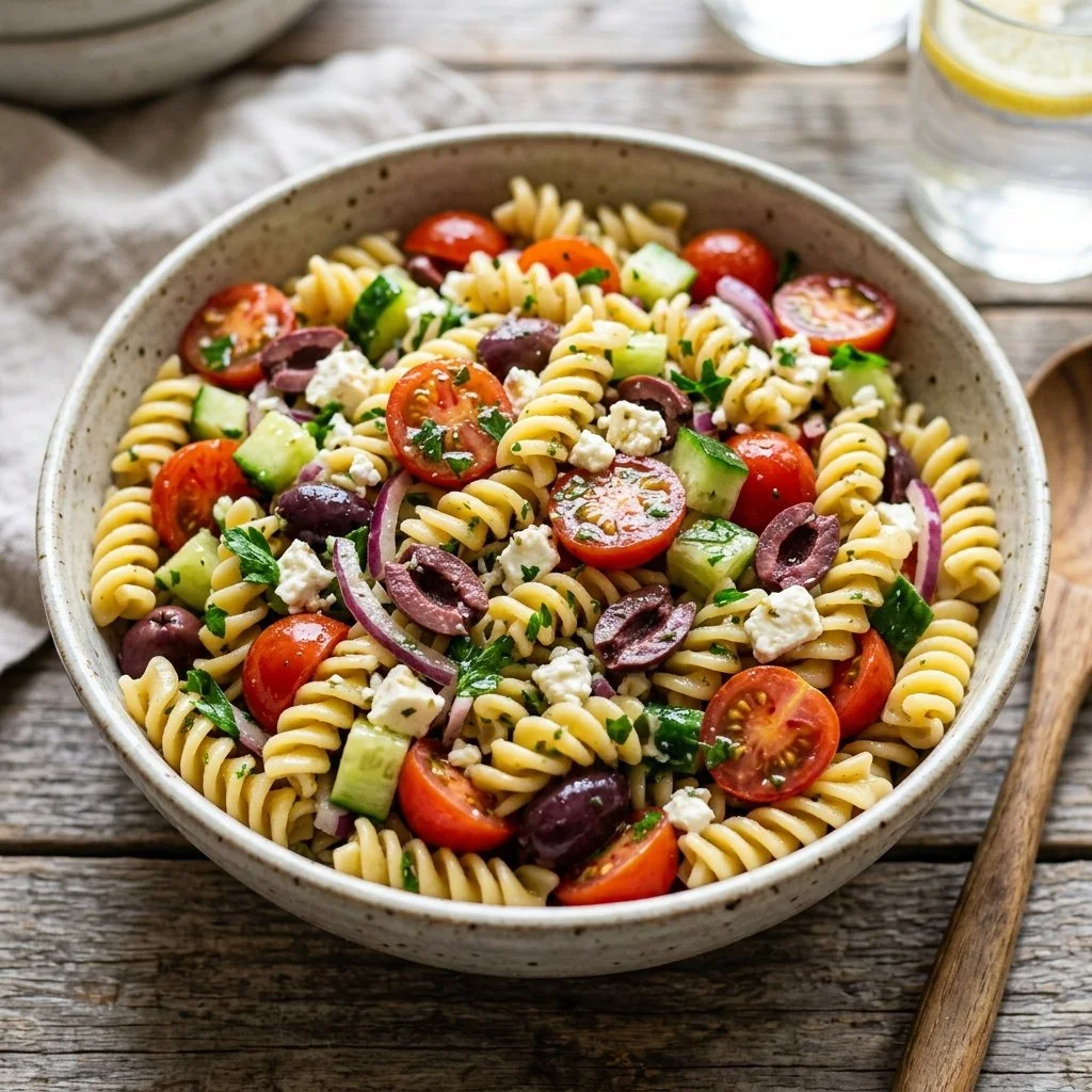 Colorful Mediterranean Pasta Salad with fresh vegetables and herbs