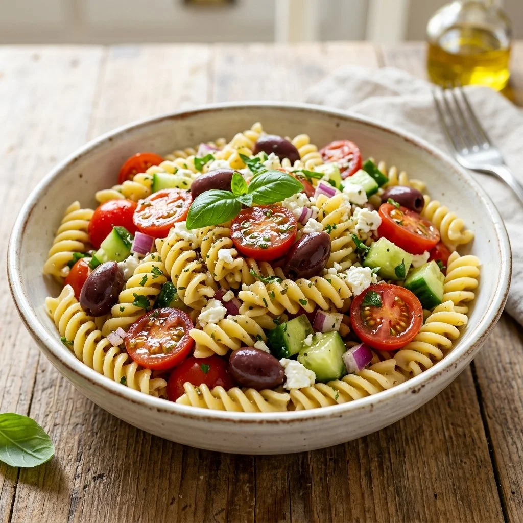 Delicious Mediterranean Pasta Salad with fresh vegetables and herbs