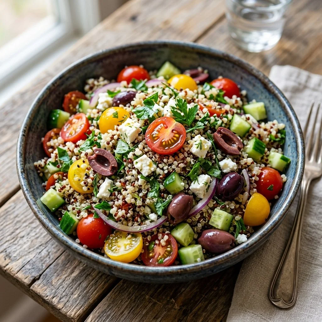 Mediterranean Quinoa Salad with fresh vegetables and herbs in a bowl