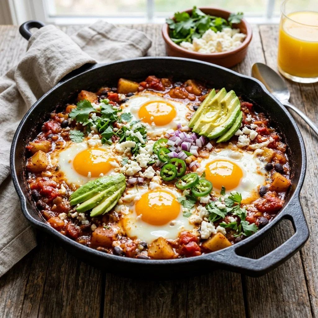 Mexican breakfast skillet with eggs, peppers, and spices served in a skillet