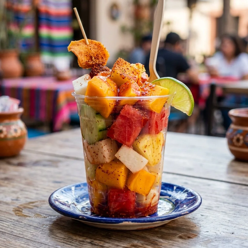 Colorful Mexican fruit cups with tropical fruits and spices served in a cup