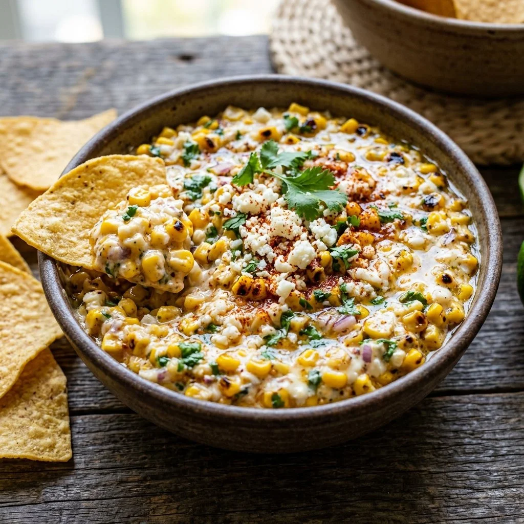 Bowl of creamy Mexican street corn dip with toppings garnished on a wooden table