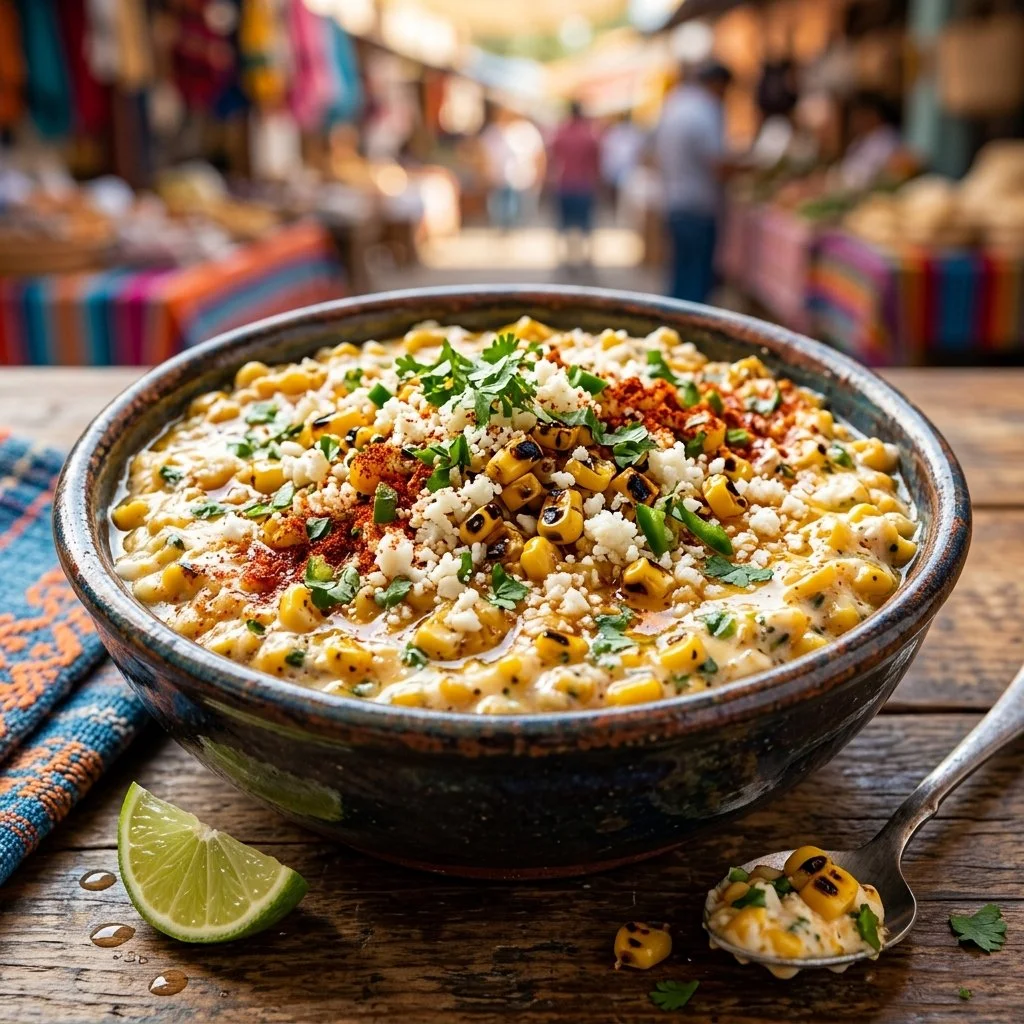 Delicious Mexican street corn dip served in a bowl with toppings