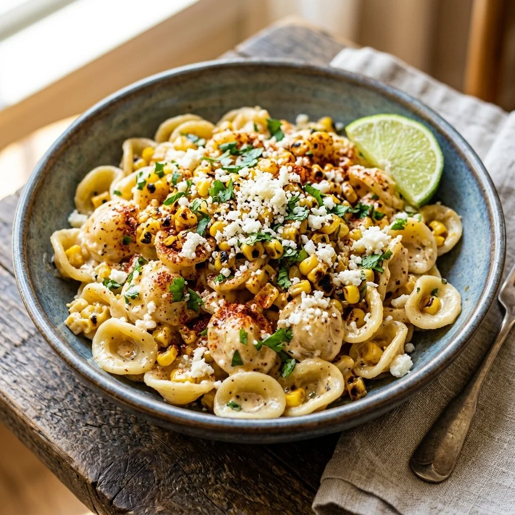 Bowl of delicious Mexican street corn pasta with fresh ingredients