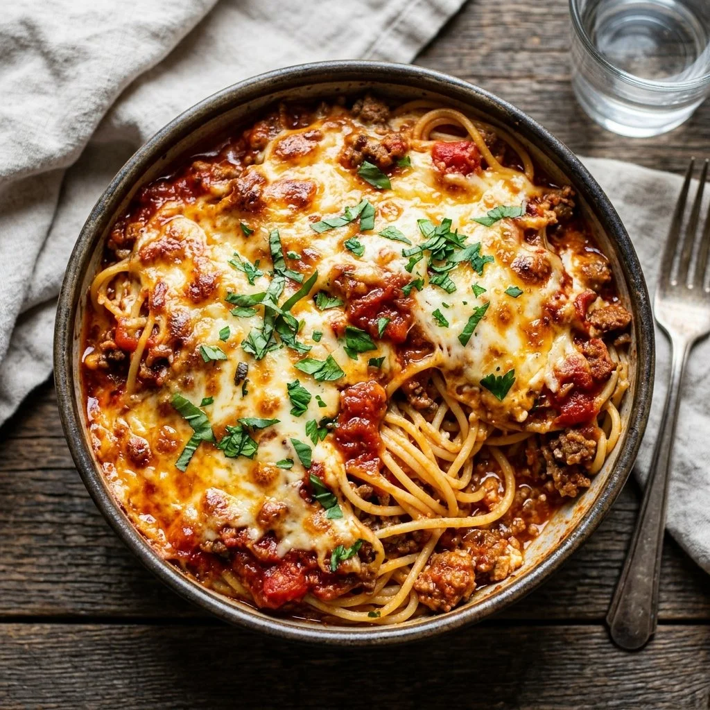 Delicious Million Dollar Spaghetti served in a bowl, topped with cheese and herbs.