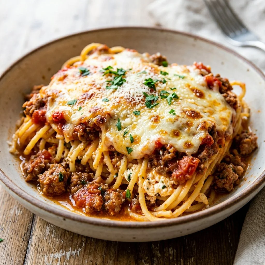 Delicious Million Dollar Spaghetti recipe topped with cheese and herbs