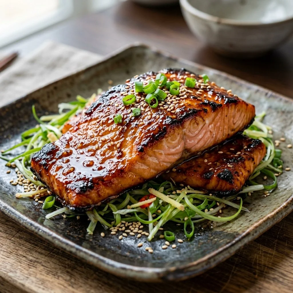 Delicious miso glazed salmon with vibrant vegetables on a plate