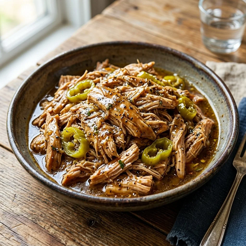 Plated Mississippi Chicken garnished with herbs and spices