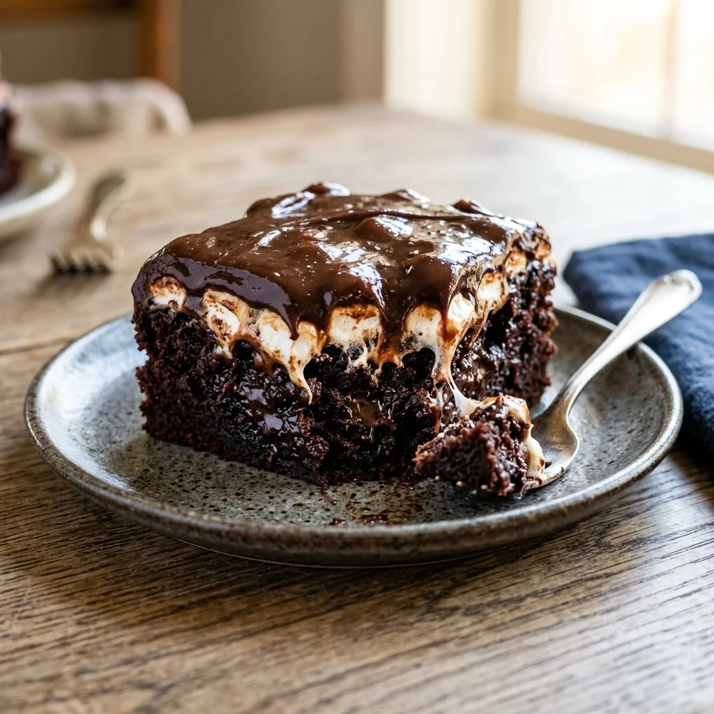 Delicious slice of Mississippi Mud Cake topped with chocolate and marshmallows