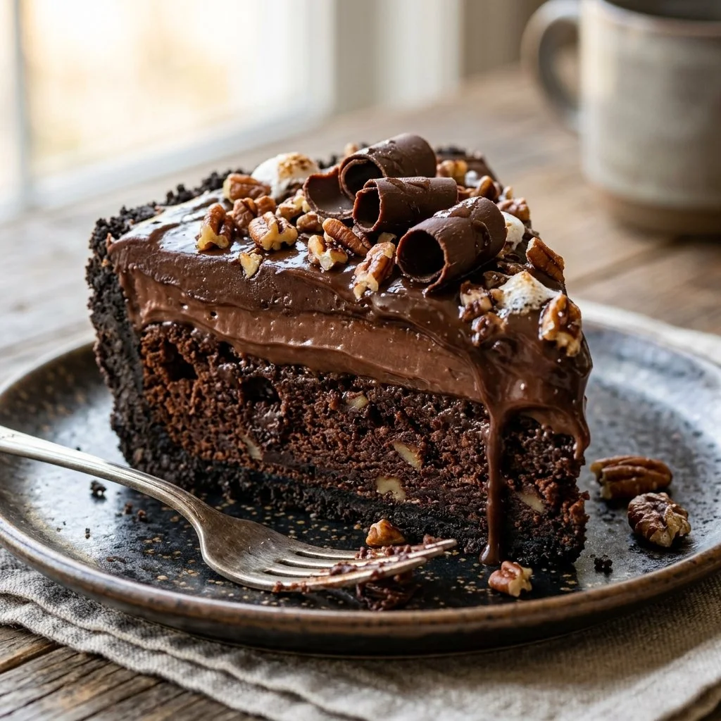 Delicious Mississippi Mud Pie topped with chocolate and creamy layers