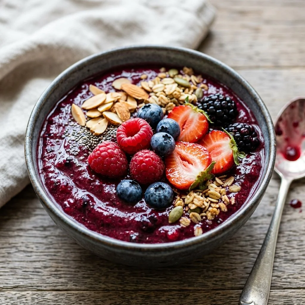 A colorful mixed berry smoothie bowl topped with fresh fruits and nuts.