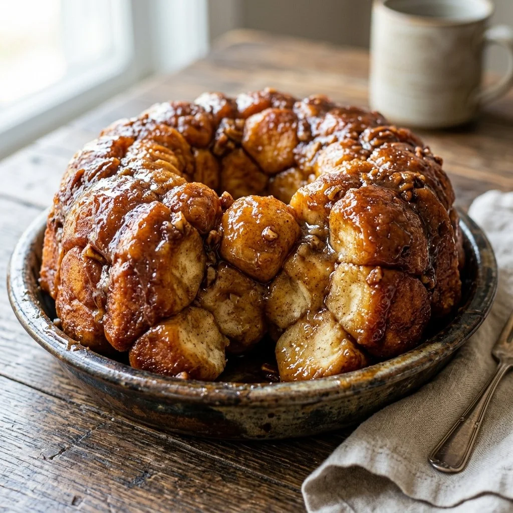 Freshly baked Monkey Bread served on a platter, showcasing its gooey texture.