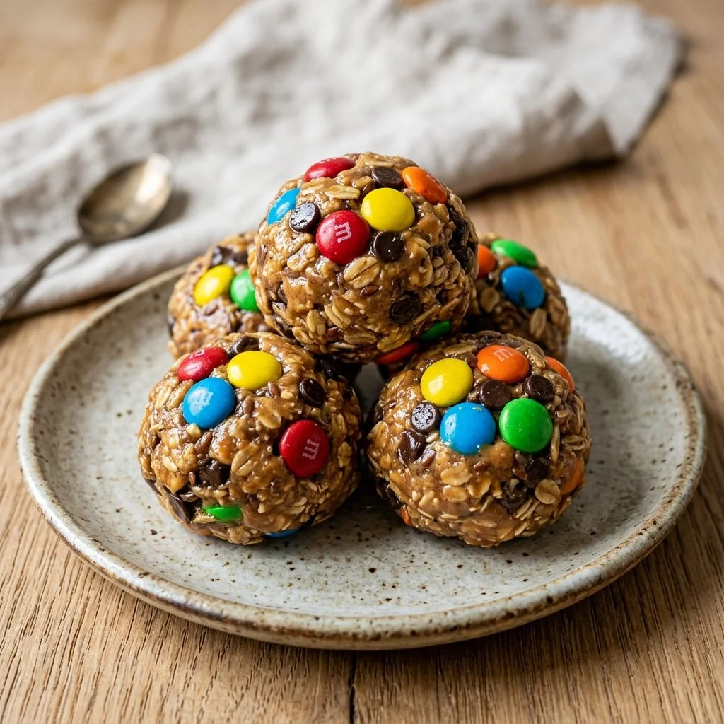 Monster Cookie Energy Bites made with oats, peanut butter, and chocolate chips.