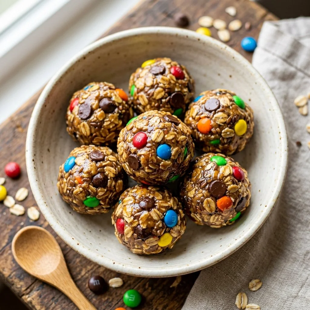 Healthy Monster Cookie Protein Balls packed with oats and chocolate chips.