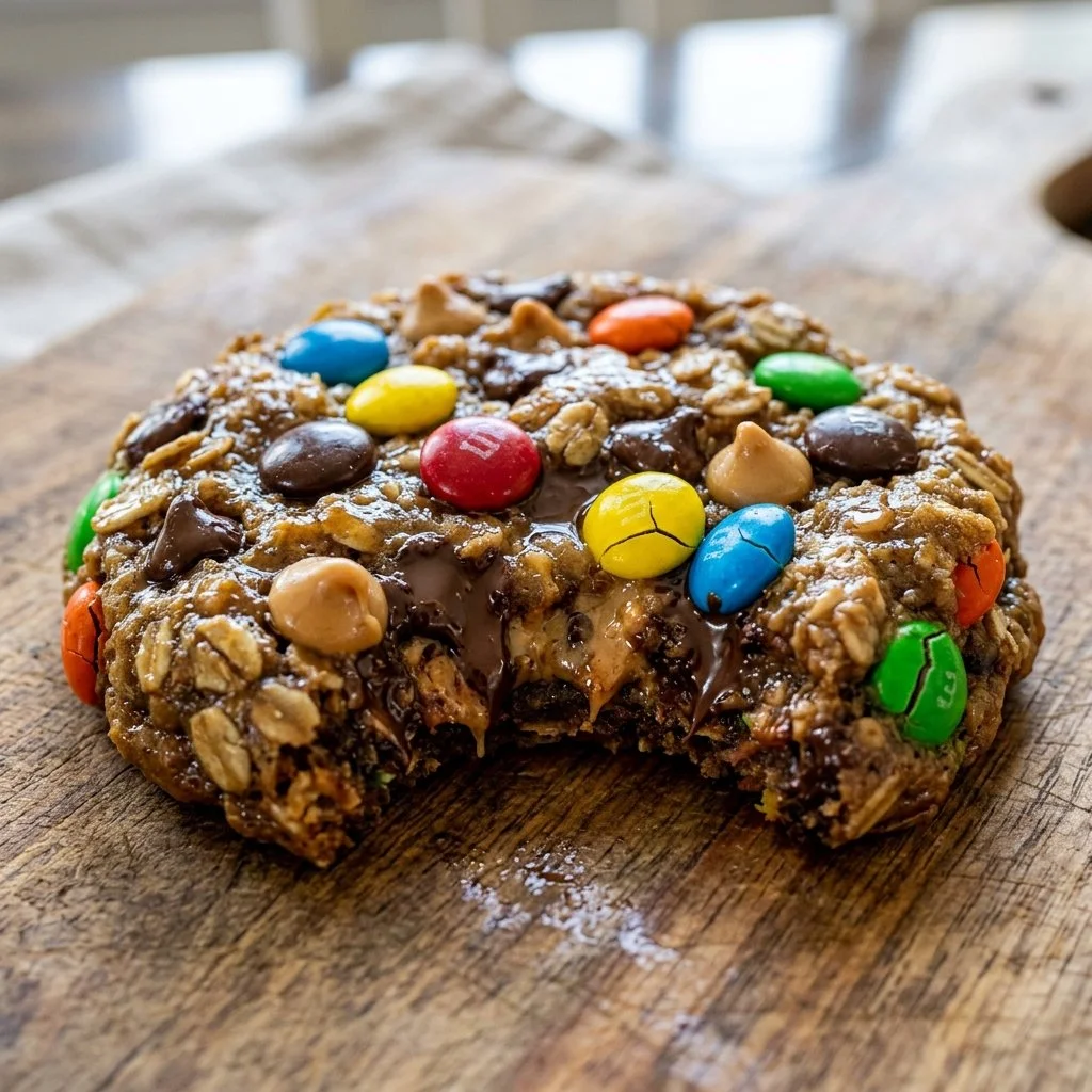 Delicious Monster Cookies filled with chocolate chips, oats, and colorful M&Ms