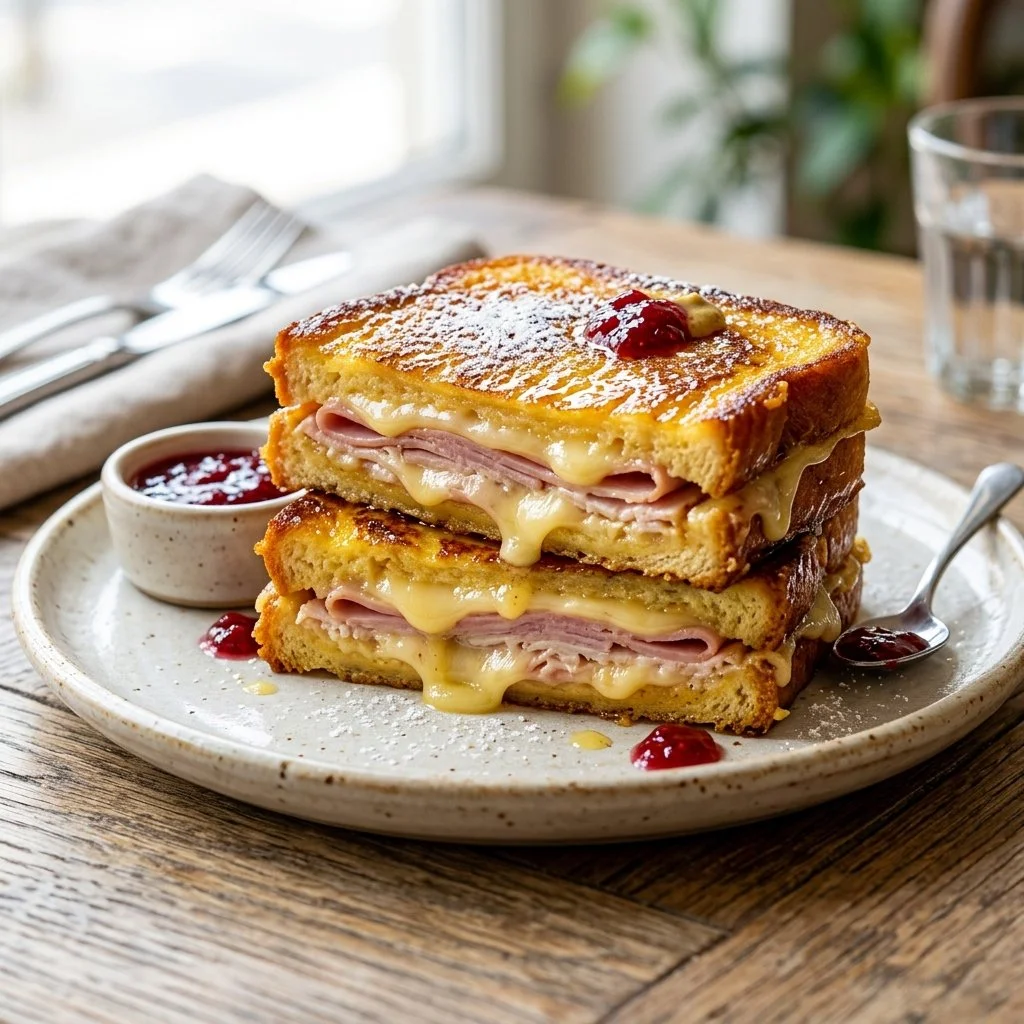 Delicious Monte Cristo sandwich with layers of ham, cheese, and strawberry jam