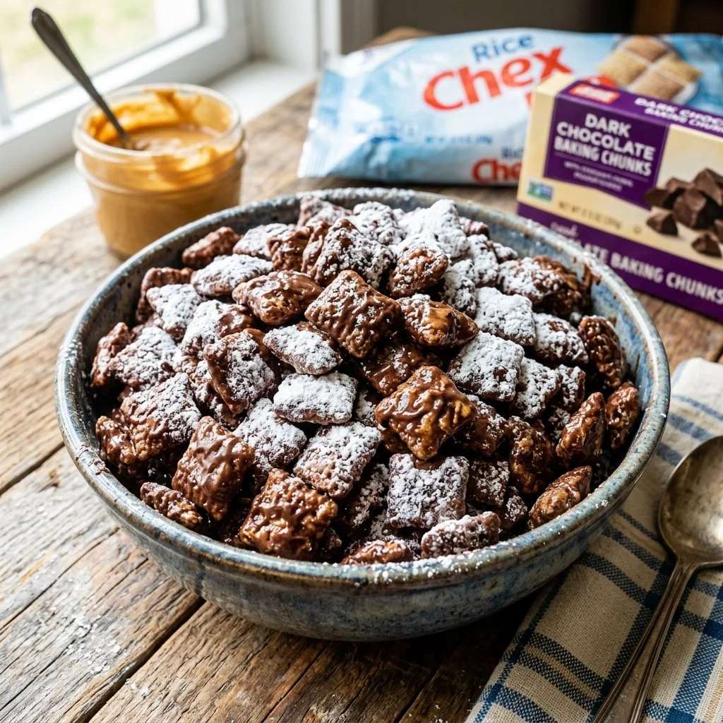 A bowl of delicious Muddy Buddies snack mix with chocolate and peanut butter.