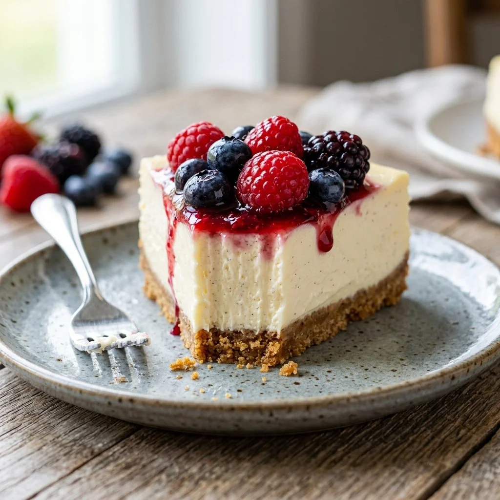 Delicious no bake cheesecake topped with fresh berries and whipped cream