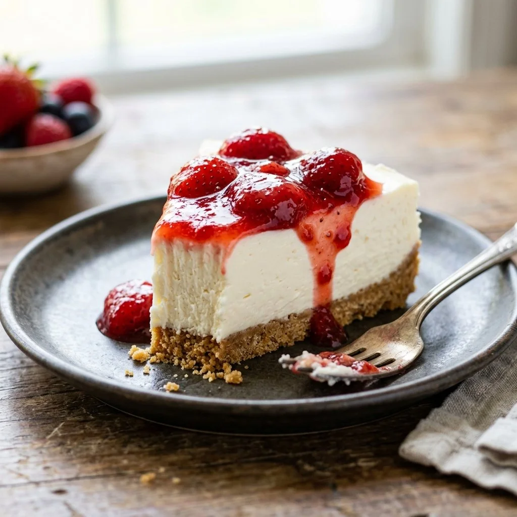 No Bake Cheesecake topped with fresh berries and served on a plate